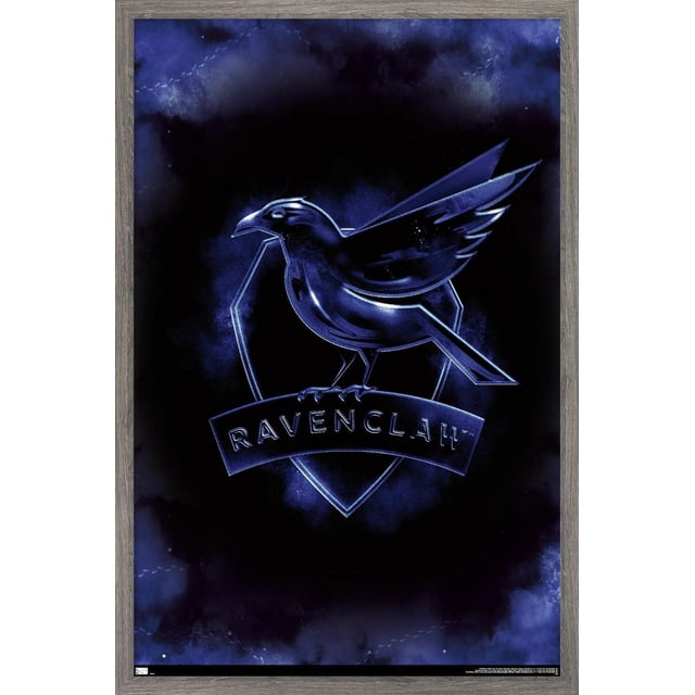 Harry Potter - Ravenclaw Crest Magic Wall Poster, 22.375" x 34", depicting a blue raven emblem perched on a shield with 'RAVENCLAW' text below, set against a dark smoky blue and black background framed in gray wood, suitable for home décor and often used to personalize bedrooms or dorm rooms.