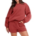 thumbnail image 2 of IROINNID Survêtement pour Femmes Ensemble 2 Pcs Rabais Blouse à Col Rond Hauts à Manches Longues Chandail Shorts Ensemble Décontracté Ensemble de Jogging, Rouge, 2 of 9