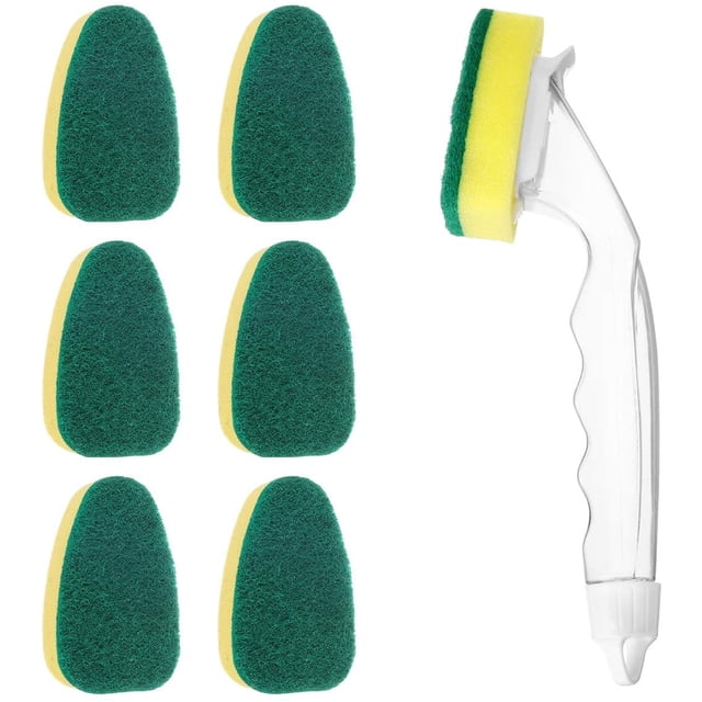 Heavy Duty Dish Wand with 7 Replaceable Sponge Heads, featuring a transparent handle designed to hold detergent for easy cleaning. Includes one dish wand and six green and yellow sponge refills made of durable, soft, and absorbent fiber. Ideal for cleaning dishes, mugs, jars, and hard-to-reach areas in the kitchen or bathroom. The sponges are easy to replace with a secure locking mechanism to prevent detachment during use.