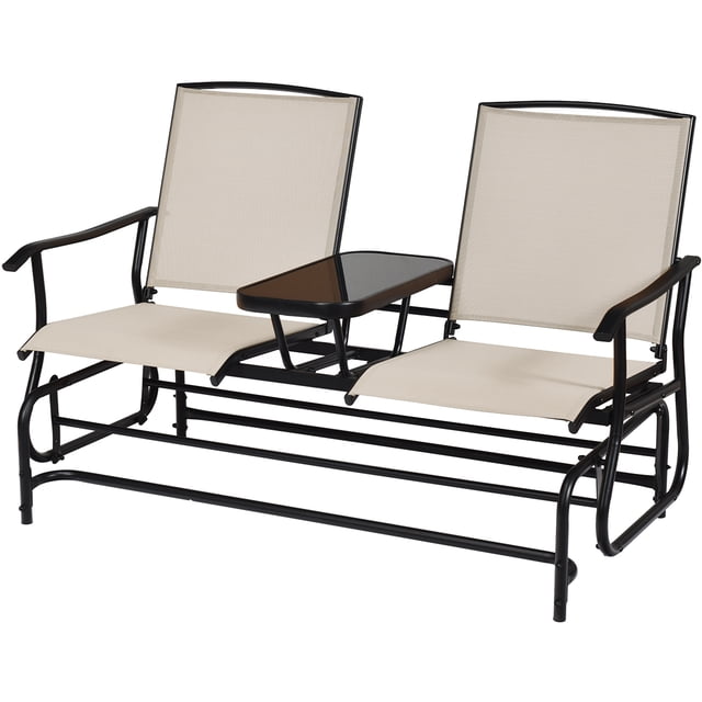Patiojoy Beige Patio Loveseat Rocking 2 Person Outdoor Double Glider Chair with Center Table, featuring a sturdy steel frame, breathable beige fabric seats, and ergonomic armrests and backrests. Includes a tempered glass table in the center for convenience. Ideal for patios, gardens, lawns, and decks, and suitable for outdoor relaxation or entertaining guests.