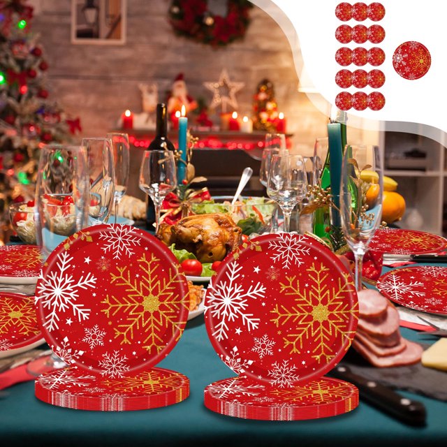 Amzcrzy Paper Disposable Tableware Set Red Snowflake Christmas Theme Party Tableware Disposable 7-Inchs 9-Inchs Paper Plates Paper Cups Tissue Set Of Party-Themed Paper Plates Set