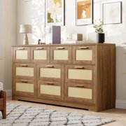 10 Drawers Dresser for Bedroom, Rattan Chest of Drawers with Spacious Tabletop & Handles, Closet Dresser Organizer TV Stand for Living Room, Hallway(60"x16"x32"), Natural