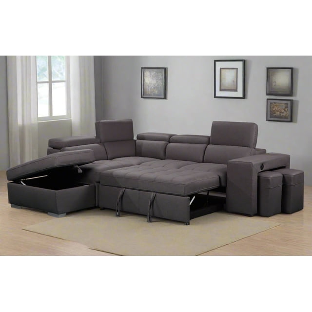 Positano - Modern Sofa Bed Sectional with adjustable headrests, stools, and storage ottoman in a left-hand facing configuration. Crafted with durable fabric upholstery, it includes a pull-out bed, USB ports, and two stools for extra seating. Ideal for living room furniture setups, combining style and functionality. Displayed in a neutral living room setting with framed artwork and natural light.