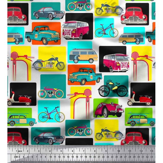 Soimoi Velvet Fabric Vehicles Patchwork Print Fabric by The Yard, showcasing colorful illustrations of cars, bicycles, motorcycles, and vans in vibrant patchwork squares. This 58-inch wide fabric is made of 95% polyester and 5% spandex, with a 2-way stretch on the width side. Suitable for crafting, apparel, costumes, dance wear, and home decor.