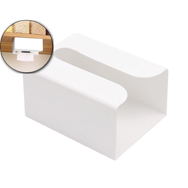 Dvruxg Wall Mounted Tissue Box Holder in white, crafted from durable plastic with a sleek, modern design. A punch-free installation makes it ideal for kitchens and bathrooms, providing space-saving organization. Compact dimensions of 15.8×11.8×8cm (6.22×4.65×3.15 inches) fit various tissue sizes. Open sides ensure quick tissue access and replacement. Versatile for use on walls, refrigerators, or countertops, enhancing bathroom accessory functionality.