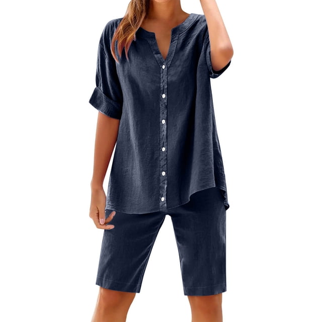 Women Summer Cotton Linen Short Sets Short Sleeve Button Down Shirts Matching Sets Lounge Beach Vacation Tracksuits