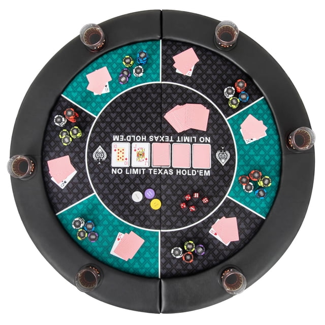 Costway Table de Poker Pliable de 48 Pouces pour 6 Joueurs avec Sac de transport, Présentant un design Rond avec une surface en Feutre de Qualité Casino en Vert et Noir, 6 Porte-Gobelets et des rails Rembourrés en Cuir PU pour le Confort. la Table Est Présentée comme Établie avec des Jetons de Poker, des Cartes à Jouer et des Boissons, Mettant en Valeur Sa Convenance pour le Texas Hold'em et Autres Jeux de Cartes. Pliable pour un Rangement et un transport Faciles, Elle Comprend un Sac de transport pour Plus de Commodité.