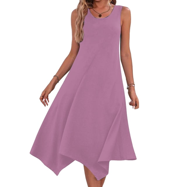 Liquidation d'Été 2025! Robe Grande Taille pour Femmes, Liquidation d'Été pour Femmes, Robes Sans Manches à Col Rond avec Cordon de Serrage, Robe Décontractée à Volants en Ligne A Mini