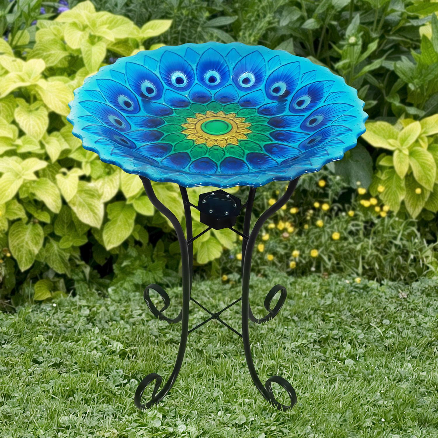 Angelo Décor Bain d'oiseau en verre de paon de 59 cm avec support en métal et lumière solaire