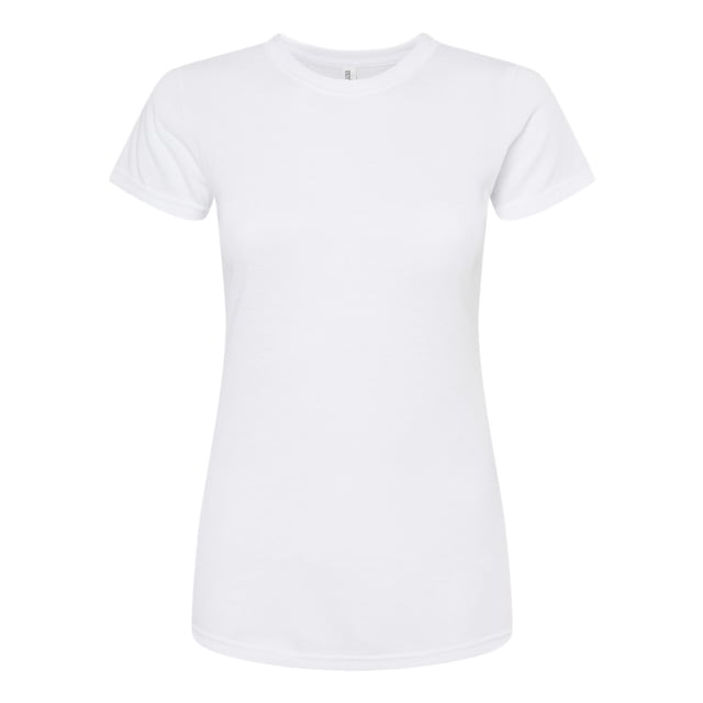 M&O 3540 Women's Deluxe Blend T-Shirt in a plain white colour, made from a 65/35 polyester and ringspun cotton blend with 30 singles. Features a slim fit, double-needle sleeve and bottom hem, and side seams. NAFTA compliant.