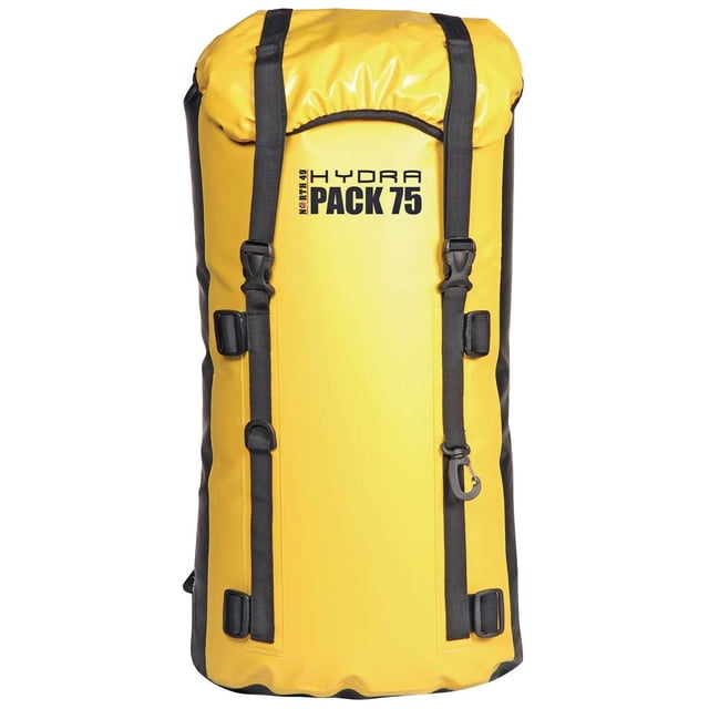 North 49 Wildwater Hydra Pack Dry Bag - 75L in yellow waterproof PVC/polyester laminated fabric with black adjustable roll-down closure straps and buckles, heat sealed seams, and padded shoulder straps, suitable for paddling and water sports gear storage.