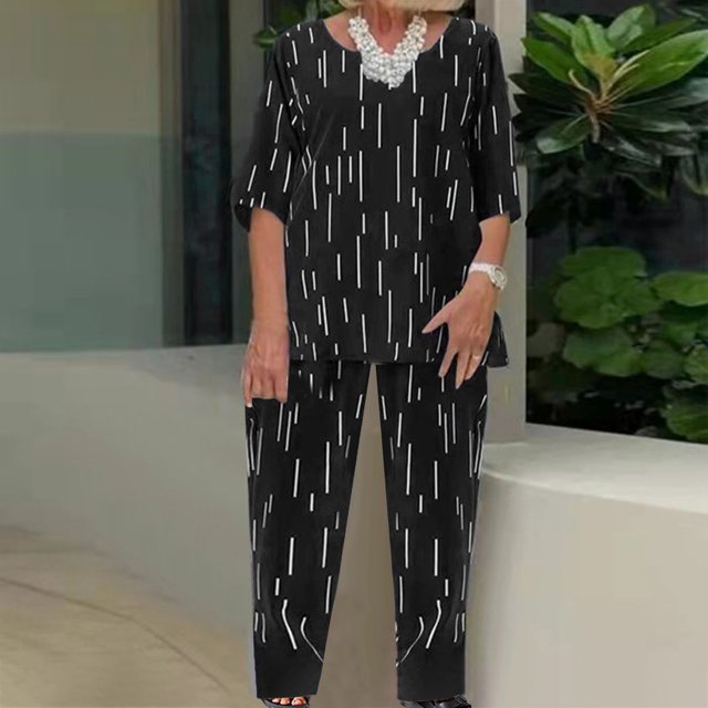 Ensembles d'Été pour Femmes Imprimé Col Rond Manches Mi-Longues Chandail à Enfiler Hauts + Pantalon Ensemble de Pantalons Ensembles de Pantalons Femmes Tenue 2 Pcs en Liquidation