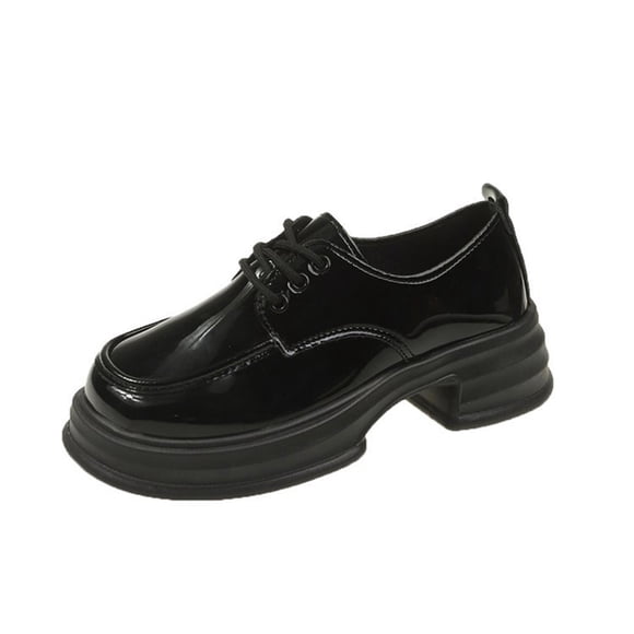 Ladys Loafer Shoes Small Fragrant Style Platform Chunky Heel Round Toe Lace up Soft Sole Patent Leather Shoes Heel High 5CM Black