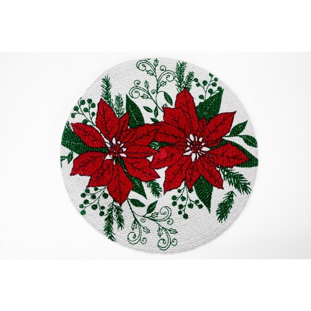 Printed Cotton Rope Placemat (Double Poinsettia) featuring two red poinsettia flowers with green leaves and decorative sprigs on a round white cotton braided base, 15 by 15 inches, suitable for festive and everyday table use.