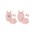 thumbnail image 2 of FOCUSNORM Baby Girl Summer Outfits Waffle Flower Embroidered Sleeveless Romper Ruffles Shorts Headband 3Pcs Clothes Set, 2 of 9