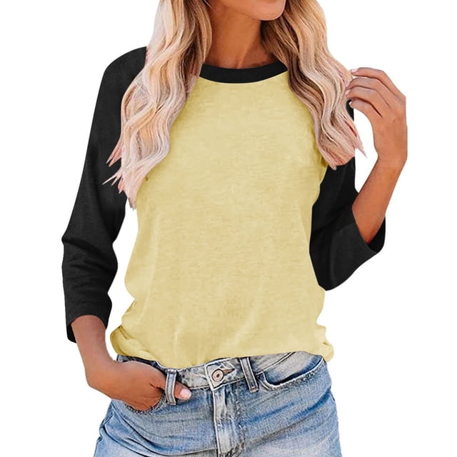 Plebaso Chemises à Manches 3/4 pour Femmes Col Rond Tops à Blocs de Couleur Décontractés Amples Blouses pour Femmes