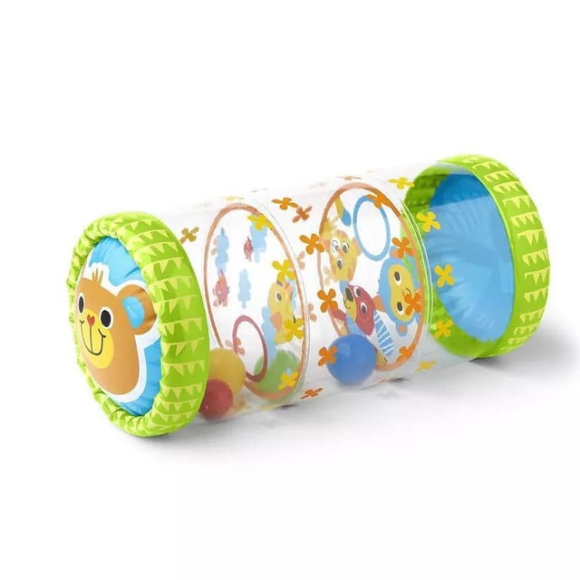 Crawling Toys for Baby Infant Roller Toy, an inflatable PVC baby walker designed for early sensory and development. The roller measures approximately 52cm in length and 22cm in diameter when inflated. It features a transparent body with colourful animal prints, built-in balls, and bells to capture a baby's attention. The green and blue ends are decorated with playful patterns, and the toy is suitable for babies aged 3 months to 3 years. Ideal for strengthening arms, legs, and balance.
