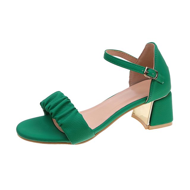 Womens Heeled Sandals Mid Block Chunky Heels Open Toe Adjustable Ankle Strap Wrinkle Strap Solid Color Non Slip Summer Party Dress Pumps Shoes Green