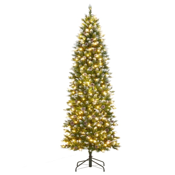 PIONEERWORKS Arbre de Noël Artificiel Crayon Enneigé de 9 Pi Pré-Illuminé, Arbre de Noël Mince, 450 Lumières, 1 298 Pointes Givrées, 82 Pommes de Pin, Support Pliable