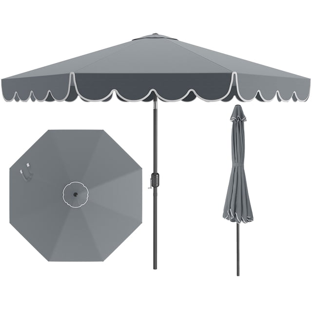 Costway 10 FT Patio Umbrella with Crank Tilt Adjustment Ruffles Vented Top 8 Ribs Gray
