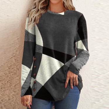 Meichang Womens Fuzzy Fleece Pullover Tops Long Sleeve Comzy T Shirts Casual Geometric Print Sweater Shirts Loose Fit Warm Fall Blouses