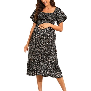 MEZZALL Womens Dress Floral Square Neck Midi Dresses Maternity Dress Pregnant Casual A-Line Dress Long Flowy Smocked Dress Classic Dailywear XXL
