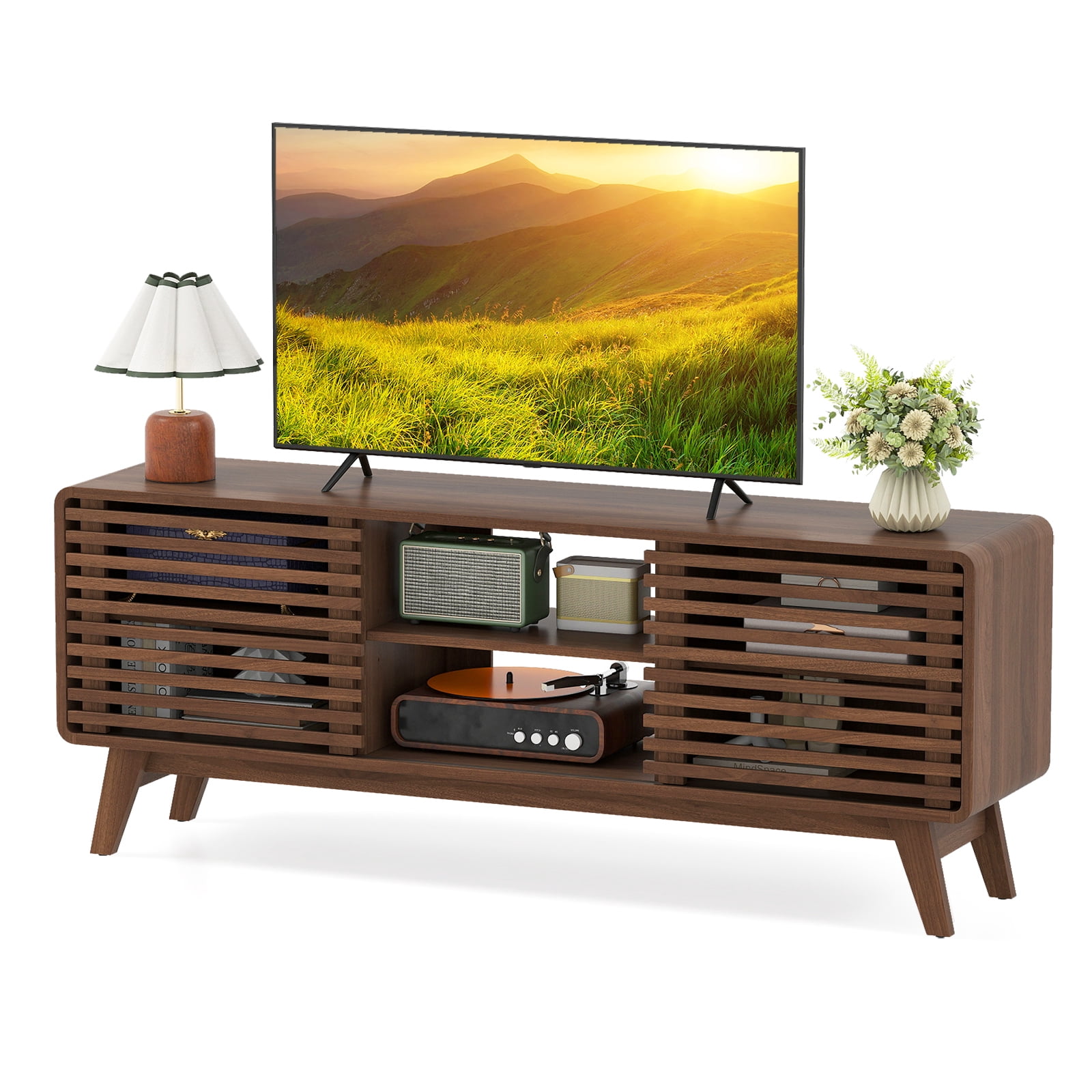Gymax Meuble TV avec portes coulissantes, étagères réglables et pieds en bois caoutchouc pour téléviseurs jusqu'à 65 po