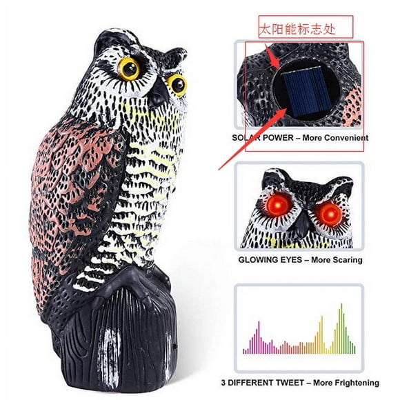 Jouet Hibou à Rotation à 360 Degrés avec Yeux Clignotants, Son Effrayant pour Effrayer les Oiseaux pour Jardin et Cour