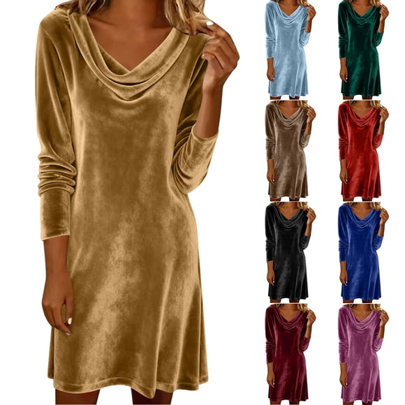 QATAINLAV Navy Women's Bodycon Velvet Mini Dress Long Sleeve Draped Cowl Neck Ruched Party Cocktails Dresses Fall Winter Holiday Outfits L