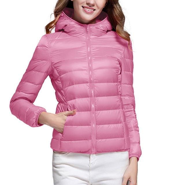 RKSTN Puffer Jacket Womens Long Sleeve Stand Collar Zip Up Winter Jacket Quilted Lightweight Down Jacket with Pockets. The image shows a pink quilted puffer jacket with a stand collar and full zip closure. The jacket features long sleeves, elastic cuffs, and two side invisible zipper pockets. Designed for warmth and windproof protection, it is lightweight and suitable for casual wear during fall, winter, or early spring. Paired with white pants, the jacket highlights its versatile and stylish design.