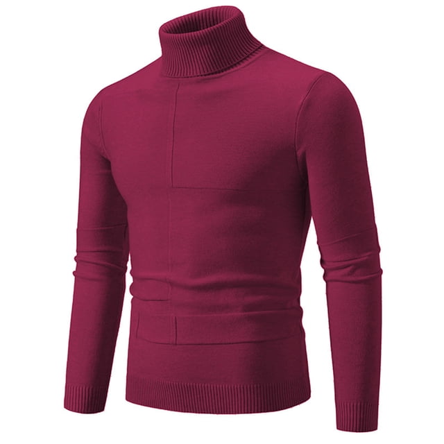 Mens Tops for Fall Mens Knitted Turtleneck Long Sleeve Turtle Neck Thermal Casual High Neck Sweaters Ribbed Pullover Sweater Knit Color Block Tops for Men S-77 Wine XXL