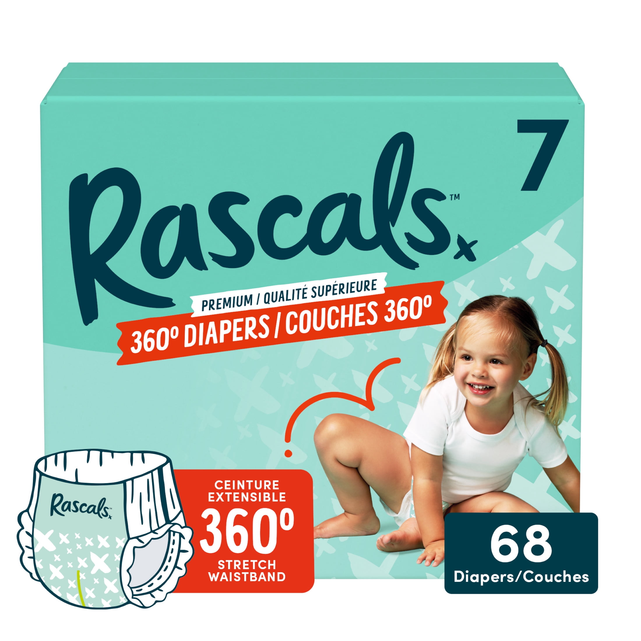 Rascals Premium 360 Diapers, Size 7, 68 Count