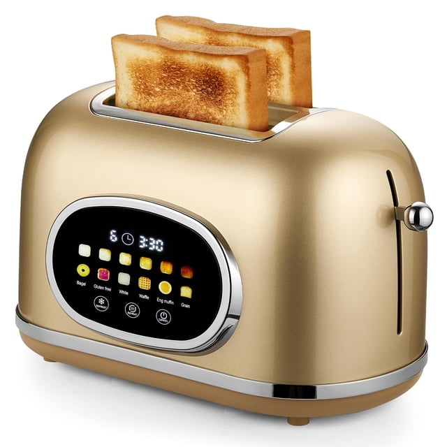 Roter Mond 2 Slice Toaster Smart Touch Screen, Retro Stainless Steel Bread Toaster with Digital Timer, Sleep Mode, Bagel, Cancel, and Defrost Functio