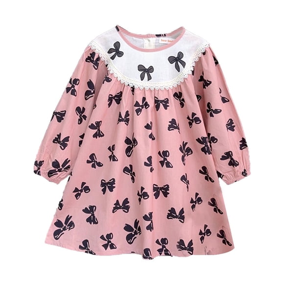Robe Petite Fille K avec Imprimé Nœud Ample à Manches Longues à Agencement de Couleurs Robe Princesse Vêtement Fille Taille 7-8T