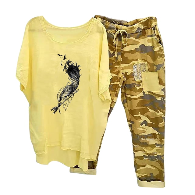 Mikilon Ensemble de Détente Confortable pour Femmes, Tenue d'Intérieur 2 Pcs, Ensemble de Détente Imprimé, Haut à Manches Mi-Longues à Col Rond + Pantalon, Jaune-B L