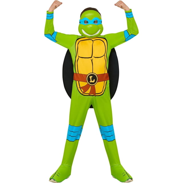 Les Tortues Ninja Leonardo Costume pour Garçon Comprenant une Combinaison en polyester Verte avec des Bandes Bleues pour les Bras et les Jambes, une Coquille de Poitrine Imprimée Jaune avec une Ceinture Brune et L'Emblème « L », une Coquille de Tortue 2D Noire Attachée au Dos, et un Demi-Masque Bleu au-Dessus des Yeux, Montré Orienté vers l'Avant avec les Bras Flexibles.