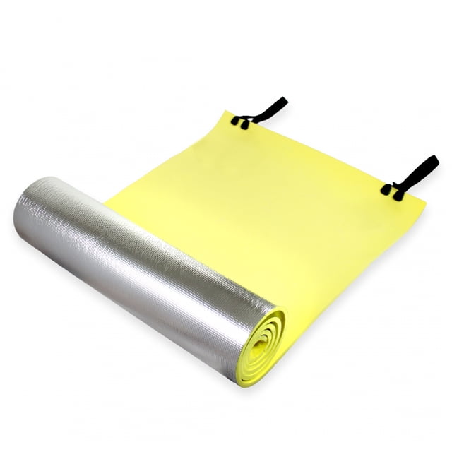 ASR Outdoor Double Sided Thermal Reflective Foam Sleeping Pad Camping Mat designed for cold weather camping, featuring a rolled design with thermal mylar on one side for heat retention and EVA foam on the other for comfort. Includes two adjustable elastic straps for compact storage and portability. Dimensions: 71 x 20 x 0.25 inches; weight: 8oz.
