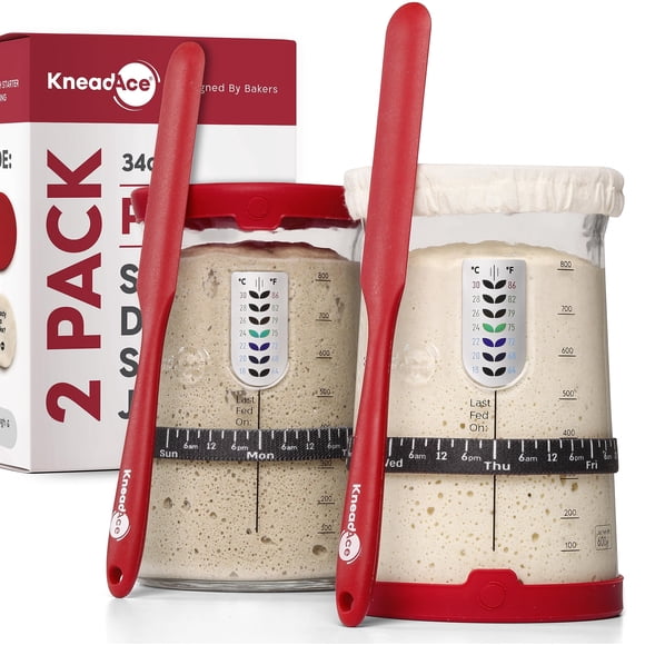 KNEADACE Pro Sourdough Starter Kit - 34oz Large Capacity Glass Fermentation Jar with Lid & Tracker, Sourdough Starter Fermenter f