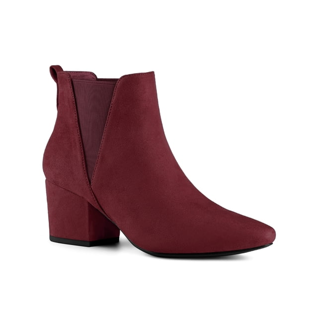 Unique Bargains Women's Pointed Toe Chunky Heel Chelsea Ankle Boots Burgundy 8 front-facing studio view of a burgundy faux suede Chelsea ankle boot with pointed toe, 2 3/8-inch ABS block heel, visible elastic side panel, slip-on silhouette, rubber outsole and soft interior lining; pairs easily with jeans or skirts and is suitable for daily wear or evening outings, often used as easy-to-pack travel footwear.