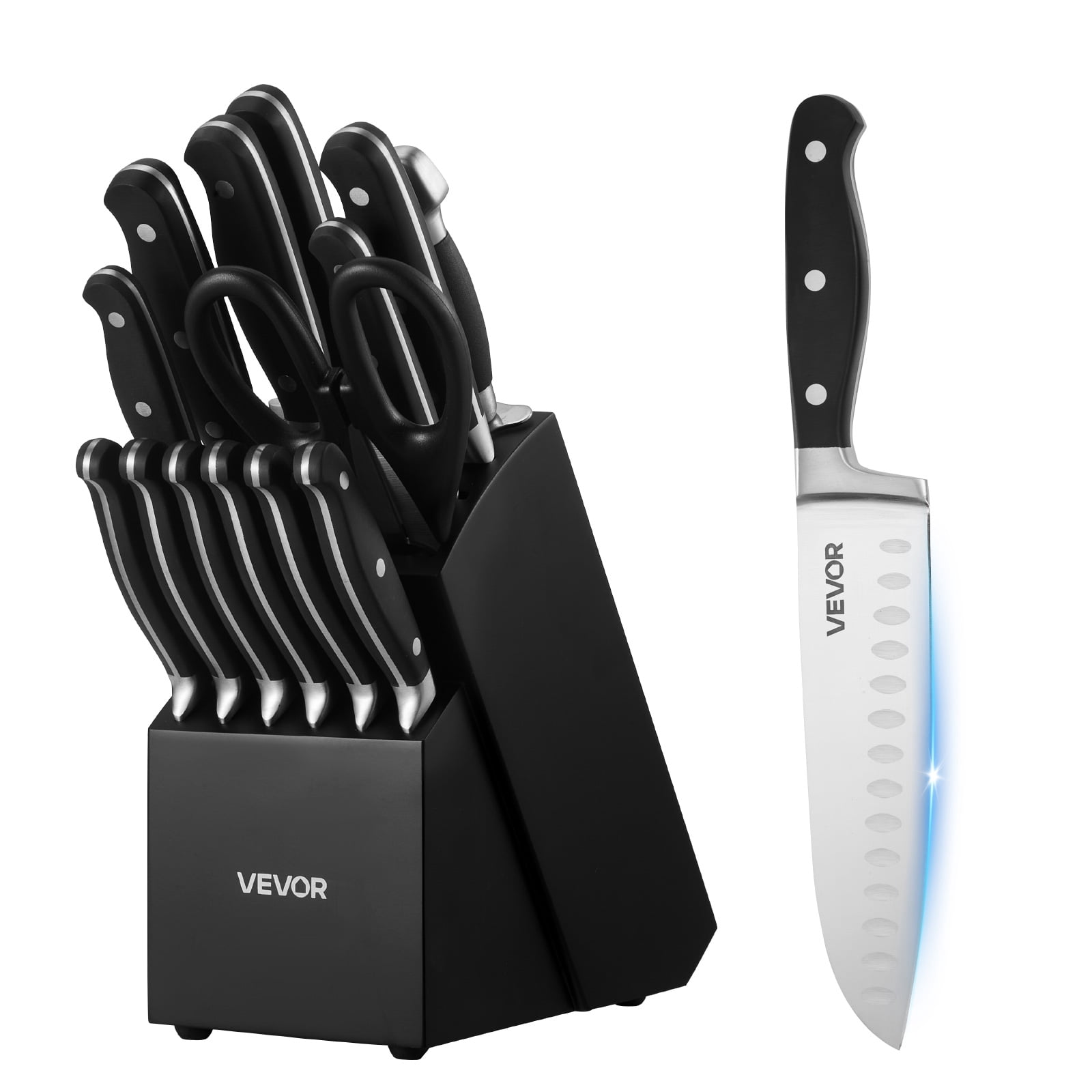 VEVOR Kitchen Knife Set with Block and Sharpener, 15 Piece High Carbon Stainless Steel, with Crack-Resistant Handle, Sharpening Rod and Wooden Block.