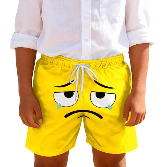 Toddler Boys Swim Trunks Solid Color Cute Expression Print Quick Dry Shorts, Little Boys Swim Trunks with Pockets for Beach Pool Summer