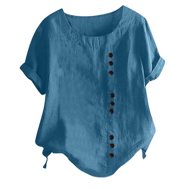 Mode Femme Été Col Rond Loisirs Manches Courtes Uni Boutons Hauts