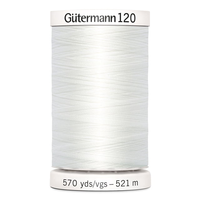 Gutermann 120 100% polyester all purpose sewing thread spool in white, tightly wound with label showing 570 yards (521 meters), ideal for machine and hand sewing, craft projects, and mending various fabrics.