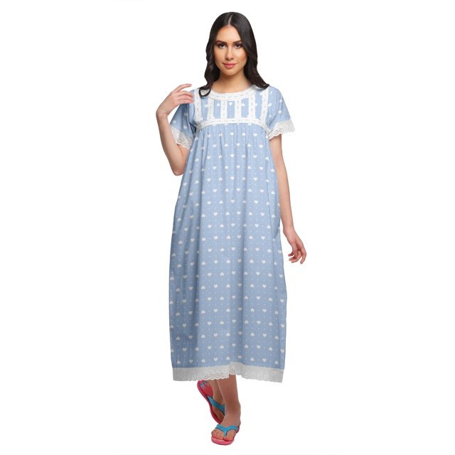 Moomaya Printed Short Sleeve Maxi Nightdress Button Down Cotton Sleepwear Gown