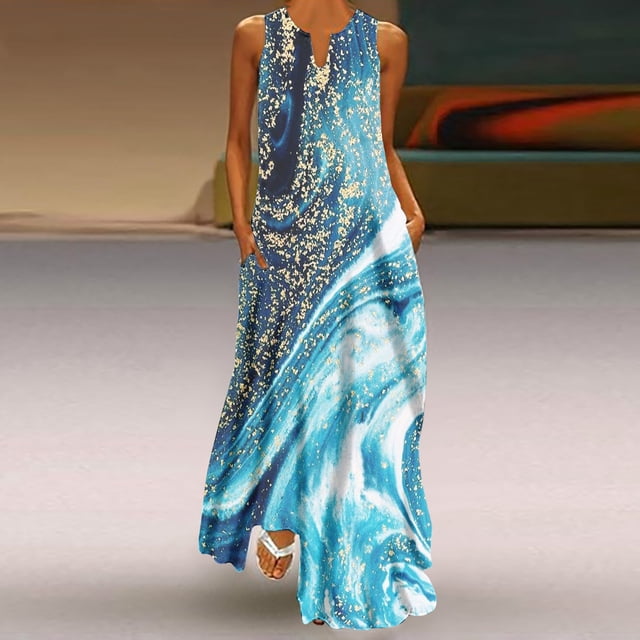 EQWLJWE Robes d'Été pour Femmes 2023 Robe Débardeur Imprimée Décontractée Ample pour Femmes Plage Col en V avec Poche Robe Soleil Sans Manches Robes d'Été pour Femmes 2023