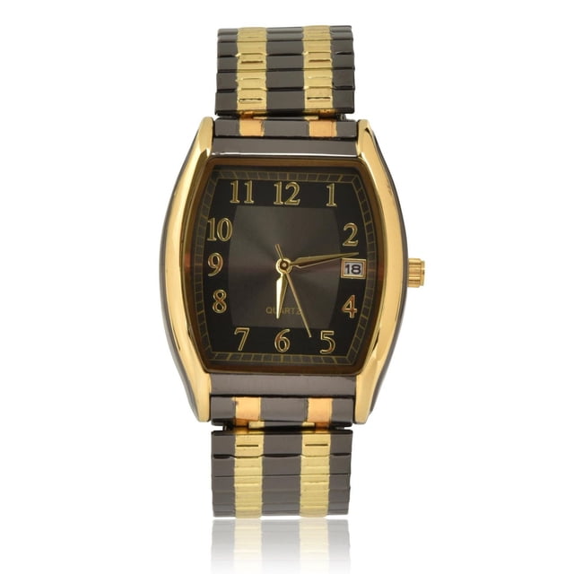 Classics Men's Gun Metal and Goldtone Expansion Watch with a 33mm curved barrel-shaped stainless steel case, black dial with gold-tone numbers, date window at 3 o'clock, and a two-tone gun metal and gold stainless steel expansion band fitting most men.