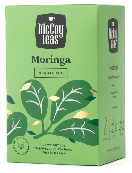 McCoy Teas Moringa Herbal Tea, Individually Wrapped Double Chamber Tea Bags, 20 Count