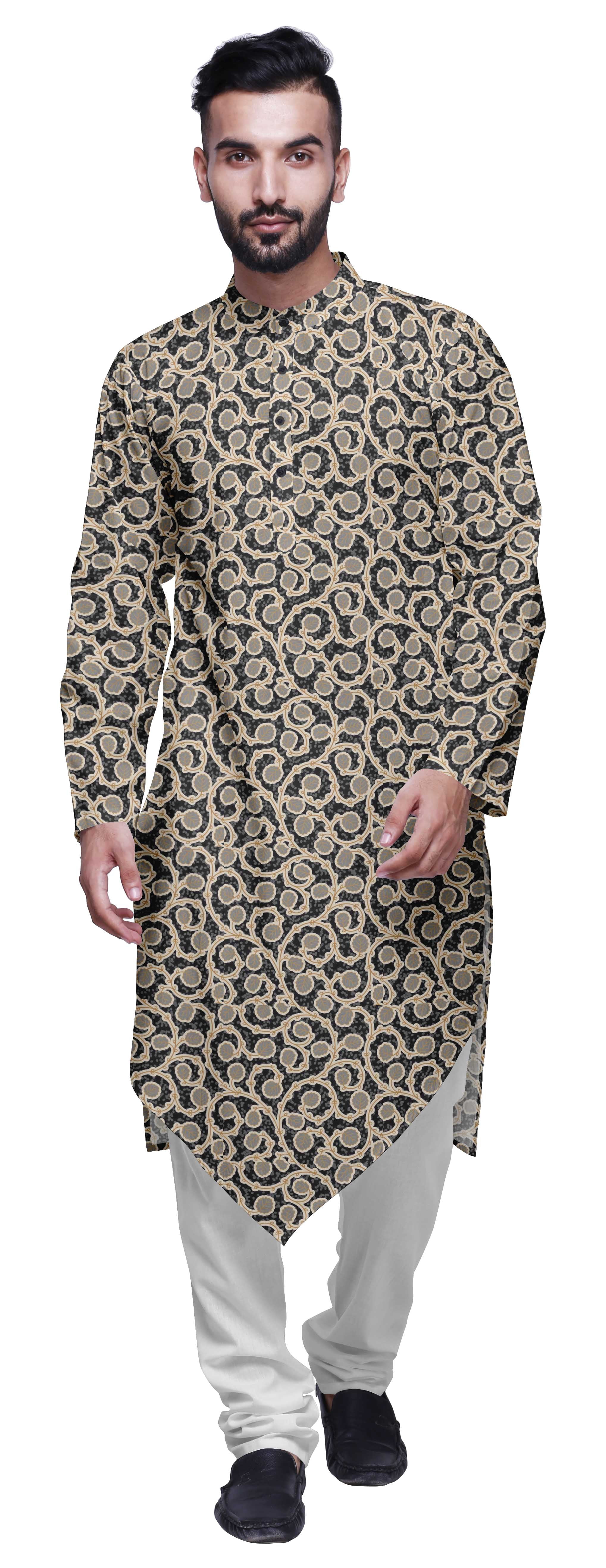 Atasi Kurta Asymétrique à Manches Longues en Coton Flex pour Hommes, Kurta Imprimée de Designer