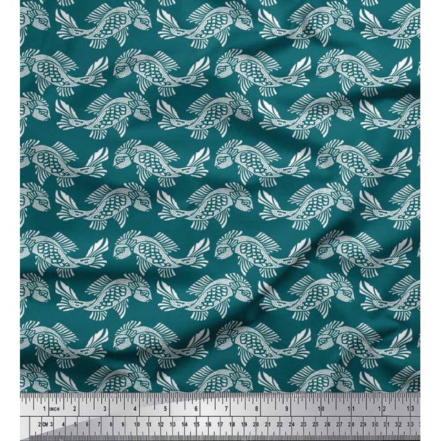 Soimoi Silk Fabric Fish Block Printed Fabric 1 Yard 42 Inch Wide