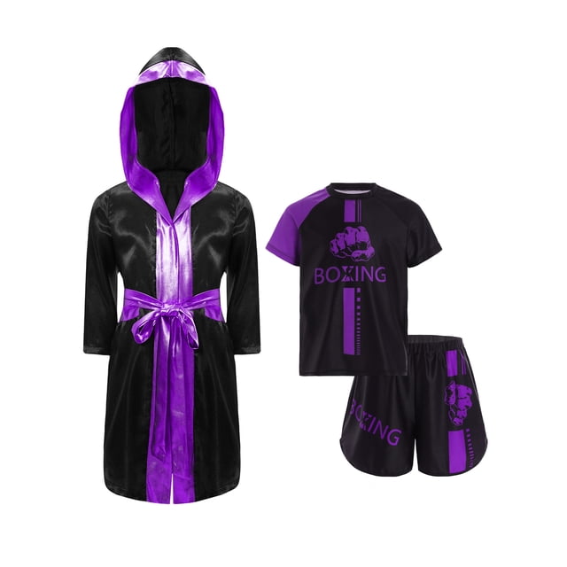 iiniim Kids Boys Boxing Uniform Long Satin Hooded Cloak Boxing Robe with Training Tarcksuit Set Purple 12